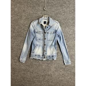 R + A Womens Denim Jacket Size Small Blue Medium Wash Button Up Zipper Grunge